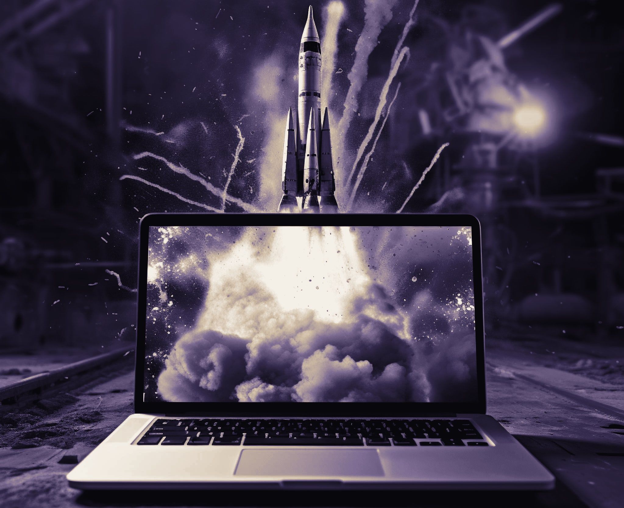 A rocket launching out of a laptop