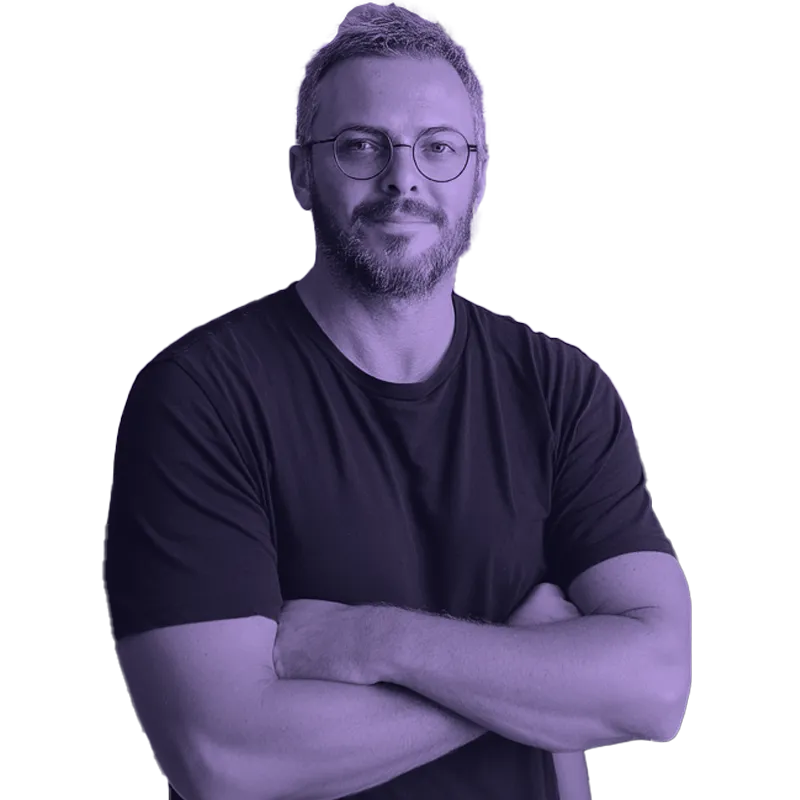 Matt, co-founder of Ageless Brands, arms crossed, in a violet duotone portrait